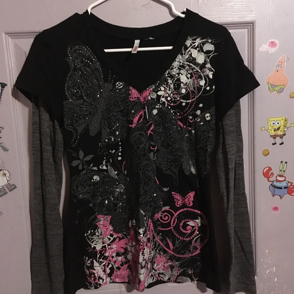 Bongo Black & Pink Butterfly Layered Long-Sleeve Top